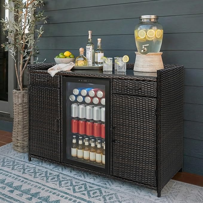 RUNNA 53.5" W Outdoor Wicker Storage Cabinet with Fridge Space,Weatherproof Outdoor Mini Fridge Bar Cabinet with Adjustable Shelves & Drawers for Pool Towel Storage,Garden,Kitchen (Black+Brown#64)