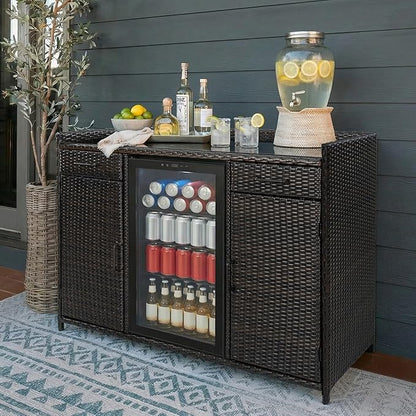 RUNNA 53.5" W Outdoor Wicker Storage Cabinet with Fridge Space,Weatherproof Outdoor Mini Fridge Bar Cabinet with Adjustable Shelves & Drawers for Pool Towel Storage,Garden,Kitchen (Black+Brown#64)