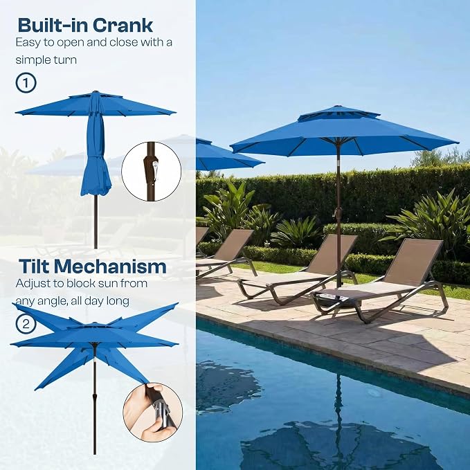 10FT Patio Umbrella, 2 Tier Outdoor Table Umbrella, Large Vented Market Umbrellas with Push Button Tilt and Crank, 8 Sturdy Ribs for Backyard, Deck, Pool, UPF50+ UV Protection