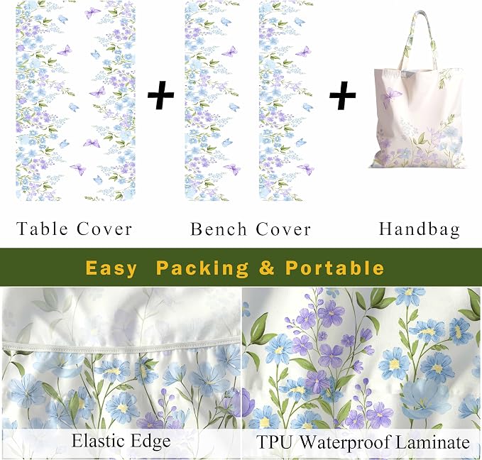 Fitted Picnic Table Cover with Bench Covers Elastic Waterproof Oil-Proof VintageTablecloths for 6 Foot Rectangle Tables Dining Outdoor Patio Camping Essentials