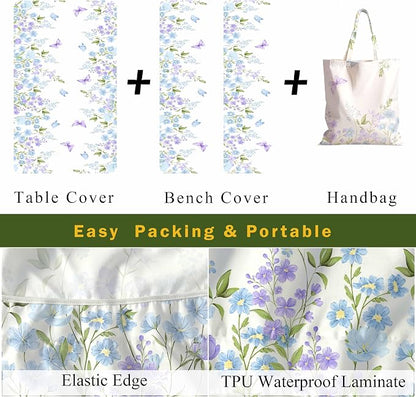 Fitted Picnic Table Cover with Bench Covers Elastic Waterproof Oil-Proof VintageTablecloths for 6 Foot Rectangle Tables Dining Outdoor Patio Camping Essentials