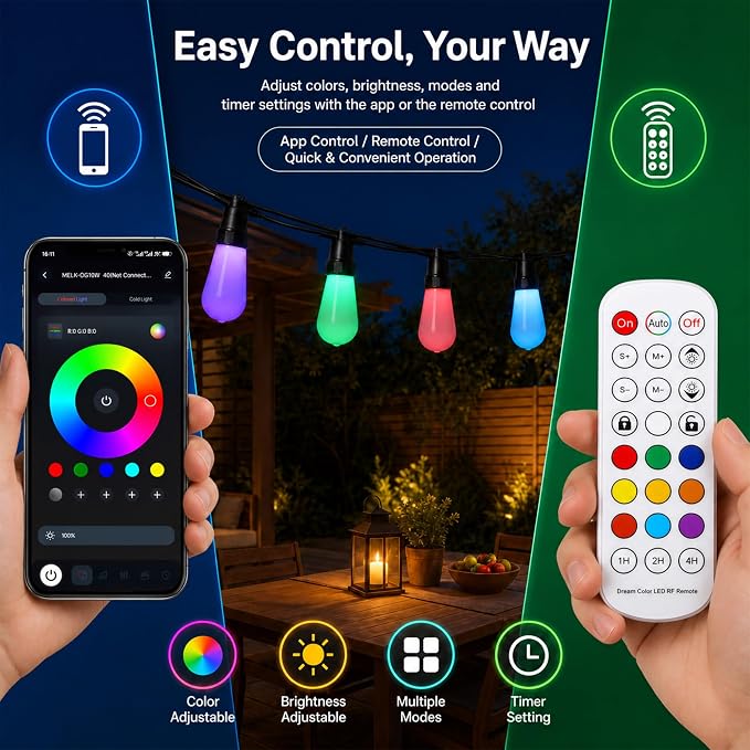 100FT Outdoor String Lights, 2x50FT RGBW Patio Lights, App & Remote | 2x50FT connected design with 40 ST48 milk white bulbs, RGBW color changing light, timer and music sync for large patio decor