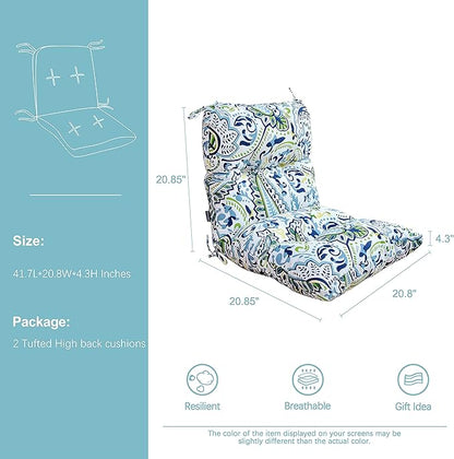 Outdoor Chair Cushions, Water Resistant Replacement Tufted Cushion for Patio Dining Chair, Set of 2 Green/Blue Paisley