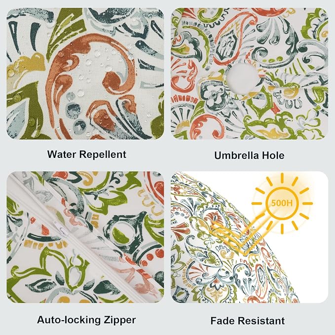 LVTXIII Round Outdoor Tablecloth with Umbrella Hole and Zipper, Water-Repellent 60 Inch Patio Table Cover for Bistro, Garden, Patio & Picnic, Paisley Botanical