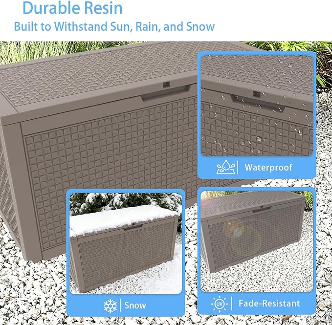 Pepe Tee Outdoor Deck Box, Lockable Waterproof Resin Storage Container with Wood-Look Design, 30 Gallon, Black (coffee, 101, Gallons)