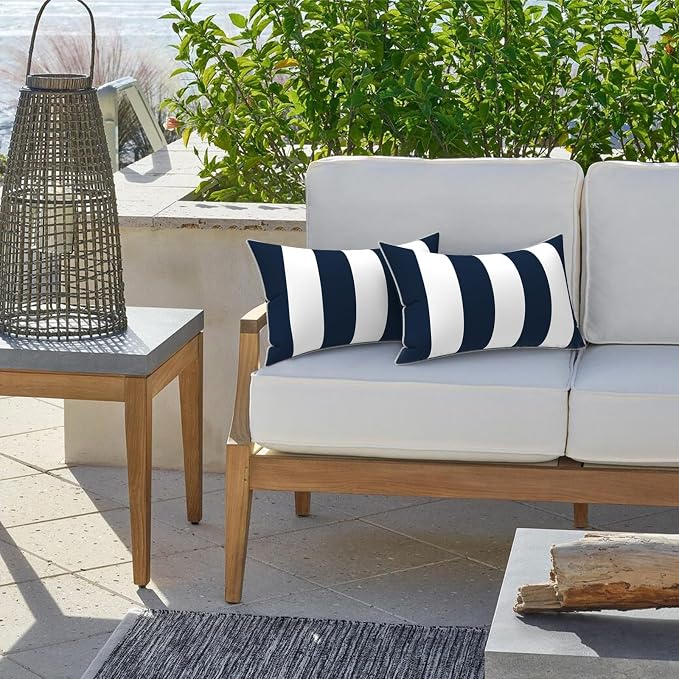 LVTXIII 2 Pack Outdoor Lumbar Pillow Covers 12x20 Inch with Piping, Water-Repellent Back Cushion Covers ONLY for Patio Furniture, Sofa, Garden Bench, Cabana Navy