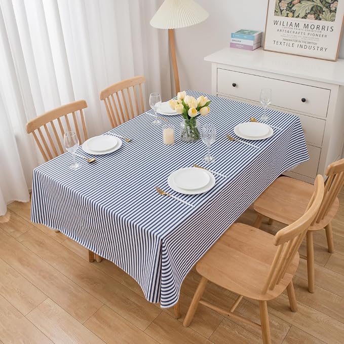 LIBERECOO Vinyl Tablecloth with Flannel Backing, Blue Stripe 60 x 84 Inch Rectangluar Tablecloths Stain-Resistant Waterproof Plastic Table Cover for Indoor/Outdoor