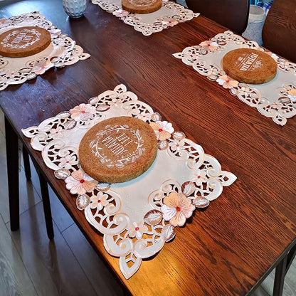 LeLehome Set of 4 Flower Embroidered Placemats, Oblong Beige Rose Lunchmats Place Mats, Home Kitchen Dining Restaurant Party Indoor Decor Rectangular Table Mats, 18 Inch X 12 Inch