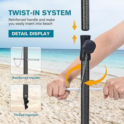 Beach Umbrella for Sand - Windproof Heavy Duty Iron Pole with Sand Anchor, UPF 50+ UV Protection & Tilt Mechanism, Portable Sun Shade Parasol, Carrying Bag for Beach Patio Garden Outdoor
