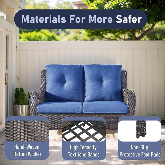 Outdoor Loveseat Sofa-2 Seater Rattan Wicker Patio Couch High Back Patio Sofa for Porch Deck Backyard-Brown/Blue