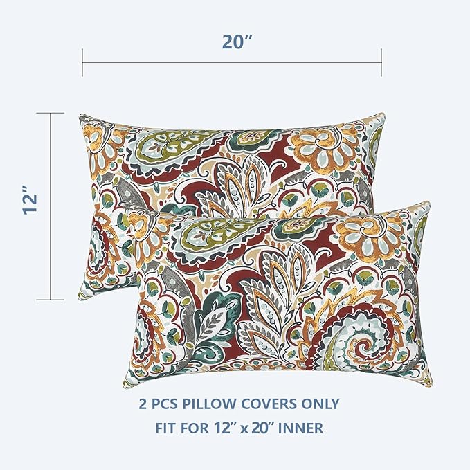 LVTXIII Outdoor/Indoor Lumbar Pillow Covers ONLY, Decorative Patio Lumbar Cushion Covers,Water Repellent Garden Cushion Cases for Home Patio Sofa Use, 12x20 inch, Pack of 2, Paisley Chilli