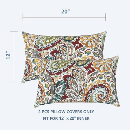 LVTXIII Outdoor/Indoor Lumbar Pillow Covers ONLY, Decorative Patio Lumbar Cushion Covers,Water Repellent Garden Cushion Cases for Home Patio Sofa Use, 12x20 inch, Pack of 2, Paisley Chilli