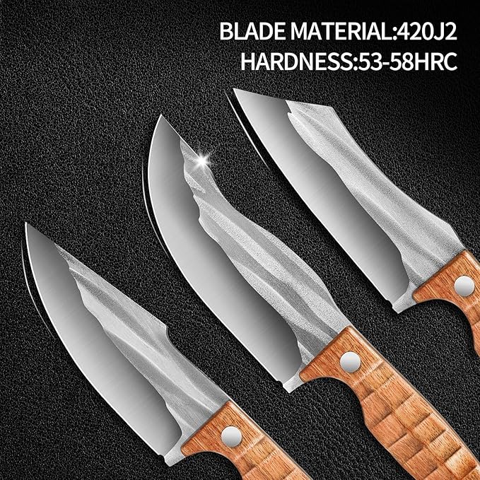Plys 3-Piece Fixed Blade Hunting Knife Set, 420J2 Stainless Steel Full Tang Survival Knives, Rosewood Non-Slip Handle, Outdoor Camping Hiking Kitchen Knife Not Sheath