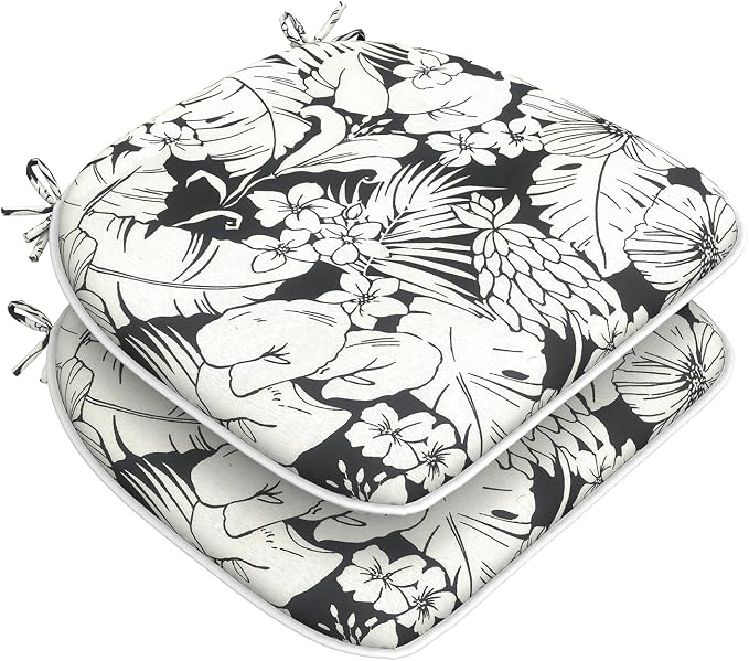 DYTXIII Set of 2 Outdoor Chair Cushions with Ties, Water Repellent Patio Chair Pads 17"x 16" for Outdoor Furniture, Round Corner Seat Cushions for Garden Yard Kitchen Tropical Blossom Noir