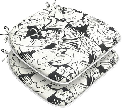 DYTXIII Set of 2 Outdoor Chair Cushions with Ties, Water Repellent Patio Chair Pads 17"x 16" for Outdoor Furniture, Round Corner Seat Cushions for Garden Yard Kitchen Tropical Blossom Noir