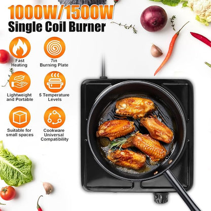 Hot Plate, 1500W Electric Stove with Single Cast Iron Burner – 5 Adjustable Temperature Levels & Knob Control, Portable Countertop Cooktop for Home, RV, and Camping (Black)