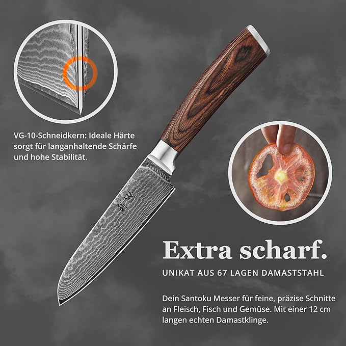 Wakoli EDIB Damascus Small Santoku Knife – 4.7-Inch Japanese Style Kitchen Knife | Genuine 67-Layer Damascus Steel Blade with VG10 Core | Ergonomic Pakkawood Handle | Multi-Purpose Cooking Knife