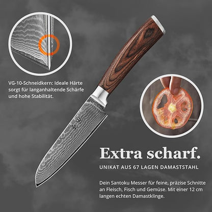 Wakoli EDIB Damascus Small Santoku Knife – 4.7-Inch Japanese Style Kitchen Knife | Genuine 67-Layer Damascus Steel Blade with VG10 Core | Ergonomic Pakkawood Handle | Multi-Purpose Cooking Knife