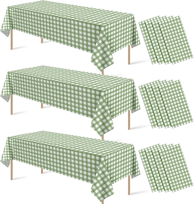 12Pcs Sage Green Gingham Tablecloths, Checkered Table Covers 54 x 108 Inch | Green and White Checkered Tablecloths, Disposable Waterproof for Baby & Bridal Shower Picnic Camping Barbecue Birthday Party