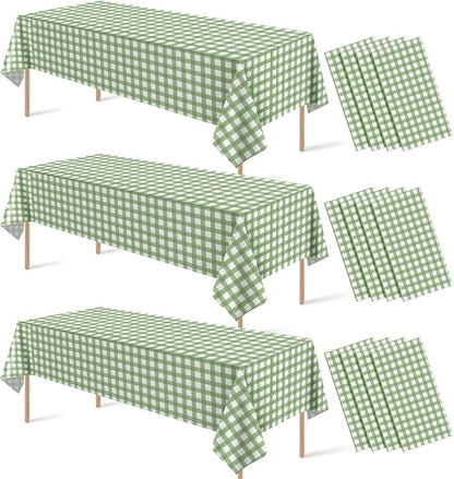 12Pcs Sage Green Gingham Tablecloths, Checkered Table Covers 54 x 108 Inch | Green and White Checkered Tablecloths, Disposable Waterproof for Baby & Bridal Shower Picnic Camping Barbecue Birthday Party
