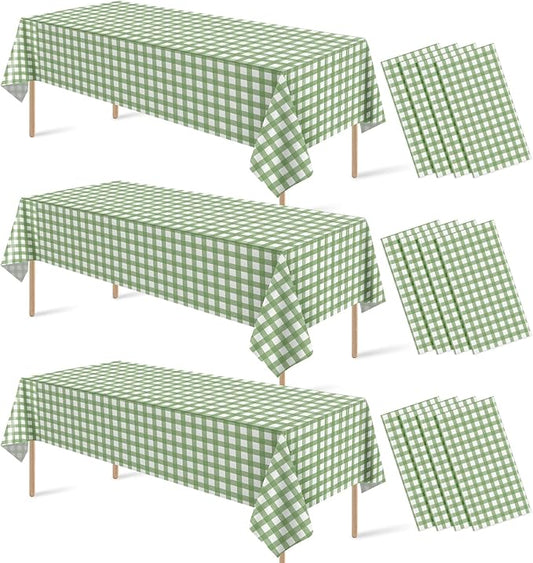 12Pcs Sage Green Gingham Tablecloths, Checkered Table Covers 54 x 108 Inch | Green and White Checkered Tablecloths, Disposable Waterproof for Baby & Bridal Shower Picnic Camping Barbecue Birthday Party