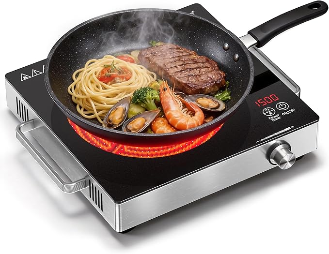 1500W Portable Infrared Hot Plate, Single Burner Electric Cooktop with Knob Control & 3-Hour Timer, Countertop Ceramic Burner with Handle, Works with All Cookware