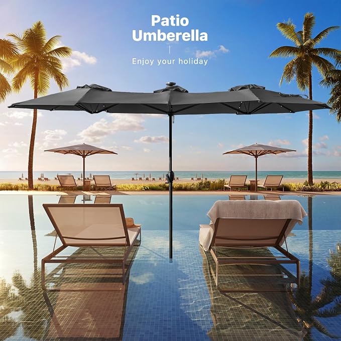REE SOLDIER 13ft Double Sided Patio Umbrella with Solar Lights (Dark Gray) | Waterproof Fade-Resistant Fabric, Rust-Proof Aluminum Pole, Crank Tilt Adjustment, Ideal For Garden, Yard, Pool, Patio