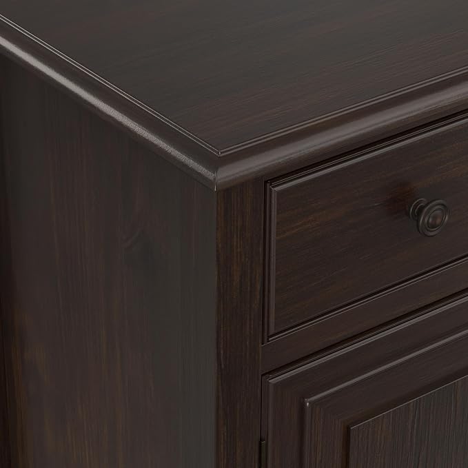 SIMPLIHOME Connaught 67" Sideboard Cabinet in Dark Chestnut Brown | Traditional 4-door dining room buffet with 2 drawers and adjustable shelves for organized kitchen or living room storage.