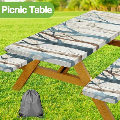 JAWO Picnic Table Cover with Bench Covers, Forest Camping RV Essentials Gear Supplies Outdoor Waterproof Windproof Tablecloth with Elastic, 60in