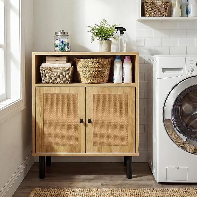 Narrow Storage Cabinet with Rattan Doors, 32" Tall Small Cabinet | for Bathroom, Small Space Hallway Entryway, Free-Standing Sideboard for Laundry Room Kitchen, Easy Assembly(Dark Oak)