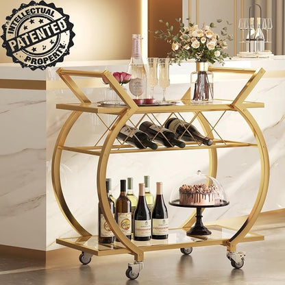 LVB Gold Bar Cart with Glass, Bar Cart with Wheels, Wine Cart with Storage | 2 Tier Glass Shelves Home Bar Serving Cart with Wine Rack, Liquor Cart for Kitchen, Bar, Dinning Room