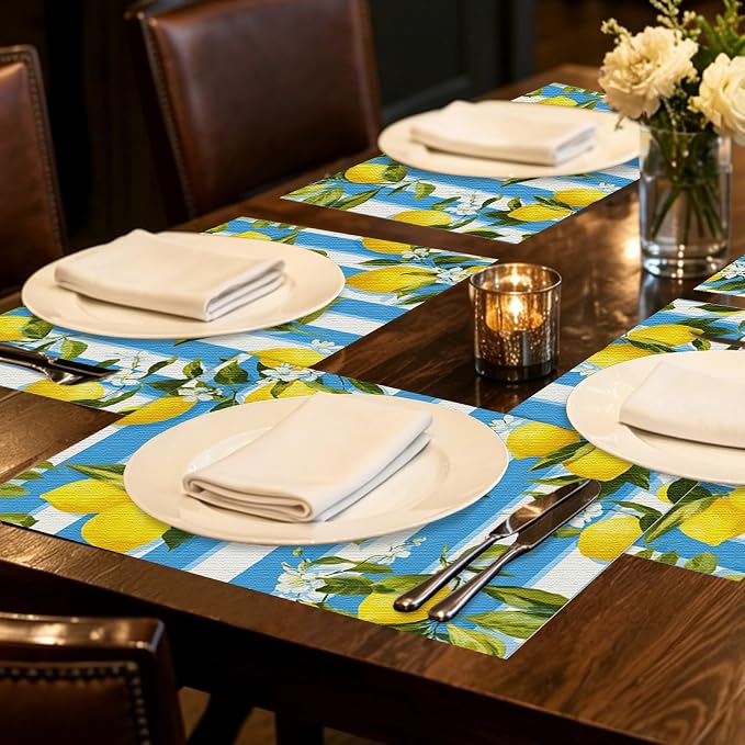 Nuxovilar Tablerunner and Placemats Set of 7 Blue-White Stripe Lemon Decor Linen Square Placemats for Dining Dining Sets and Accessories Summer Picnic, Outdoor BBQ, Breakfast Table