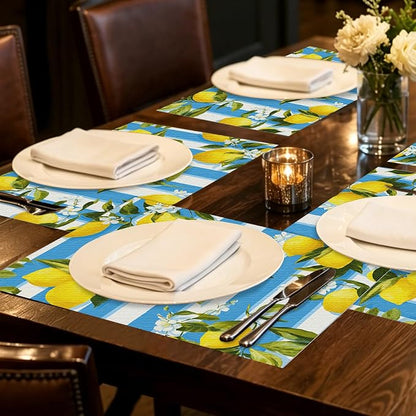 Nuxovilar Tablerunner and Placemats Set of 7 Blue-White Stripe Lemon Decor Linen Square Placemats for Dining Dining Sets and Accessories Summer Picnic, Outdoor BBQ, Breakfast Table