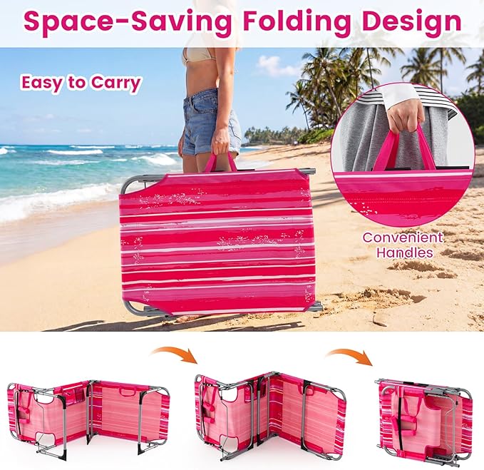 COSTWAY Tanning Chair with Face Hole, Folding Beach Lounge Chair with 4-Position Adjustable Backrest, Pillow & Side Pocket, Foldable Chaise Lounge Chair Outdoor for Sunbathing, Camping (2, Pink+White)
