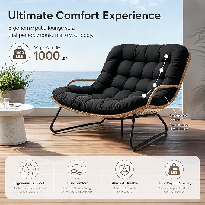 Outdoor Loveseat 2-Seat Wicker Rattan Boho Patio Sofa Black 2PC | 53"x36"x30", 13" seat height. 4" thick cushions, 1000lb cap. All-weather PE rattan, rust-proof frame. Black, 2PC.