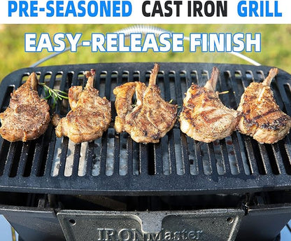 IronMaster Hibachi Grill Outdoor - Small Portable Charcoal Grill, 100% Cast Iron, Japanese Yakitori Tabletop Camping Grill - Cooking Grate Surface 17" x 10.5" for 5-8 People