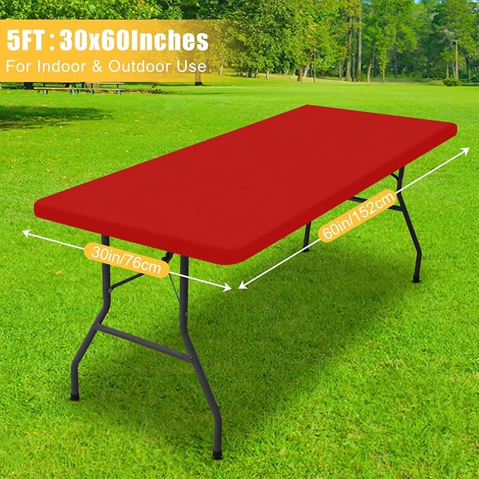 Rectangle Table Cloth, Waterproof Elastic Fitted Tablecloth for 5 Foot Folding Tables, Washable Polyester Tablecloths for Picnic, Camping, Outdoor (Red, 30"x60")