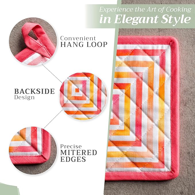 Maison d' Hermine 100% Cotton Oven Mitt & Pot Holder Set (7.5"x13" & 8"x8") Heat Resistant BBQ Cooking Gloves with Loop Baking Grilling Kitchen Hotel Home Farmhouse Spring Summer (Summer Maze)