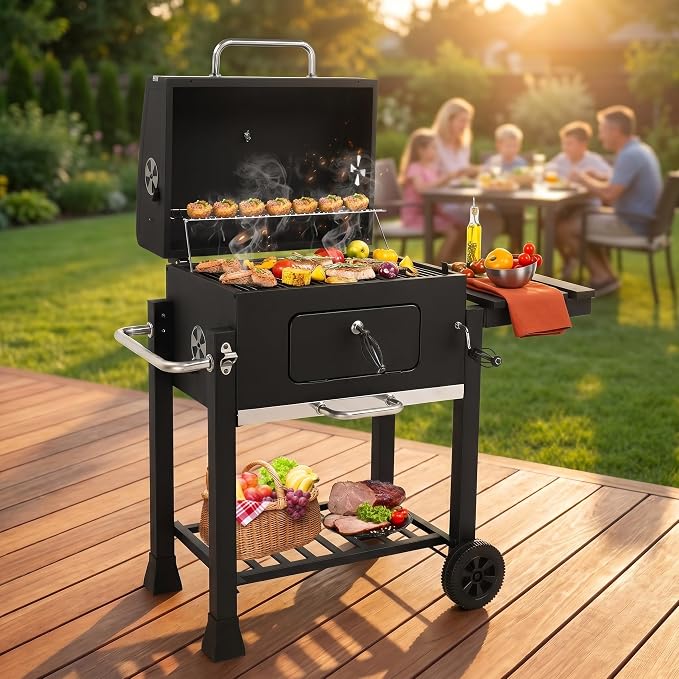 Charcoal Grill with Foldable Side Table and Wheels, Heavy-duty Outdoor BBQ Grill for Backyard, Patio, Garden, and Picnic Cooking, Black