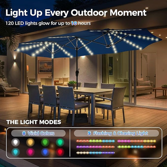 SUPERJARE 13ft Outdoor Patio Umbrella with Solar Lights, Double-sided Deck Pool Umbrella with 1.5 Inch Pole, Fade Resistant Canopy, 12 Sturdy Ribs, for Porch, Market, Backyard, Navy Blue(No Base)
