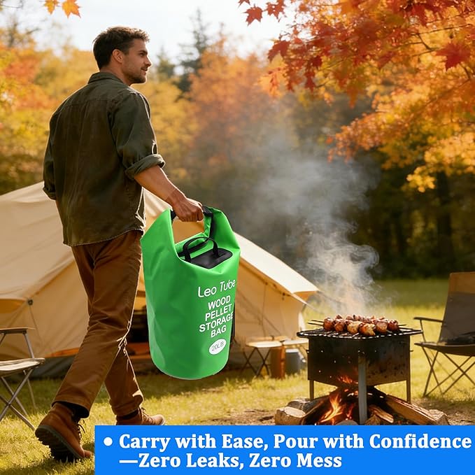 Heavy-Duty Wood Pellet Storage Bag, 20LB Waterproof Smoker Bag - 500D PVC Outdoor Storage Container with Buckle Seal, Label Pocket & Handles for BBQ, Grill, Pellet Smoker (Green)