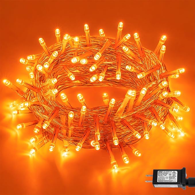 YEGUO 66ft 200 LED Orange Halloween String Lights, Clear Wire Christmas String Lights Indoor, 8 Modes Twinkle Tree Lights Plug in with Timer Memory.