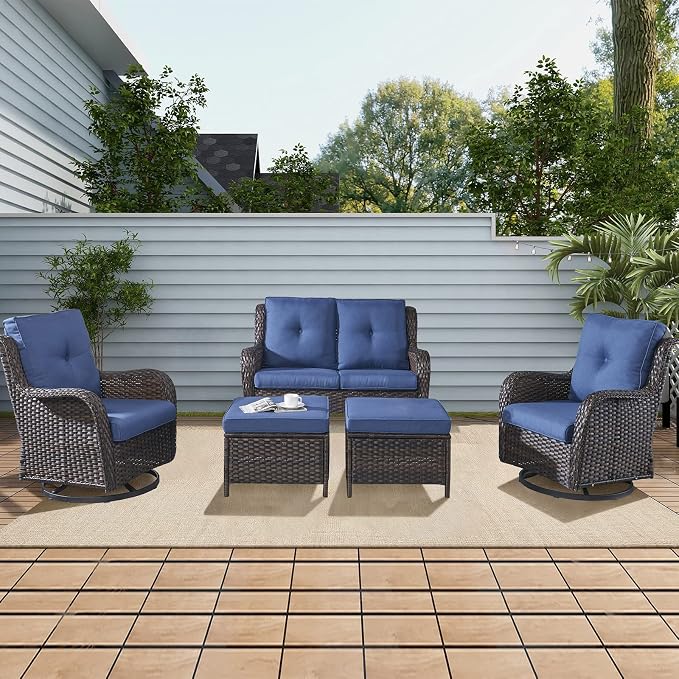Rilyson Luxury Patio Outdoor Wicker Loveseat, 500 Lbs Weight Capacity Rattan Outdoor 2 seat Sofa Wicker with Deep Seating and Replaceable Cushions for Outside Porch Deck Balcony (Brown/Blue)