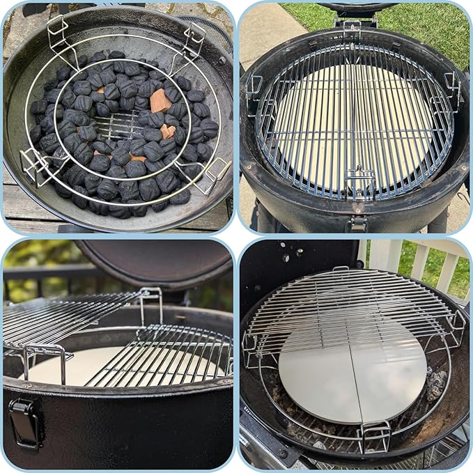 Multi-Level Cooking Grates with Ceramic Heat Deflectors System Kit for Large Big Green Egg, BGE Kamado Joe Classic, Coyote The Asado Cooker, Pit Boss，Char-Griller Akorn Charcoal Grill