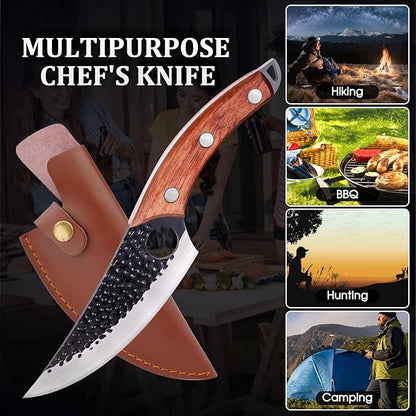 Chef Knife, Boning Knife for Meat Cutting, Viking knife with sheath,Hand Forged Japanese Knife,Kitchen Knives For Home, Outdoor Cooking, Camping BBQ (Yellow)
