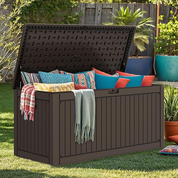 DWVO 320 Gallon Resin Outdoor Storage Box, XXL Double-Wall Waterproof Deck Box with Divider, Doubles as Table or Seating with 1000 lbs Capacity, Lockable (Brown)