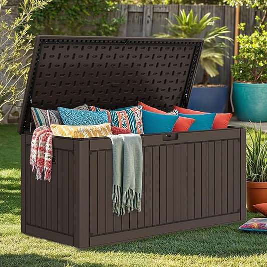 DWVO 320 Gallon Resin Outdoor Storage Box, XXL Double-Wall Waterproof Deck Box with Divider, Doubles as Table or Seating with 1000 lbs Capacity, Lockable (Brown)