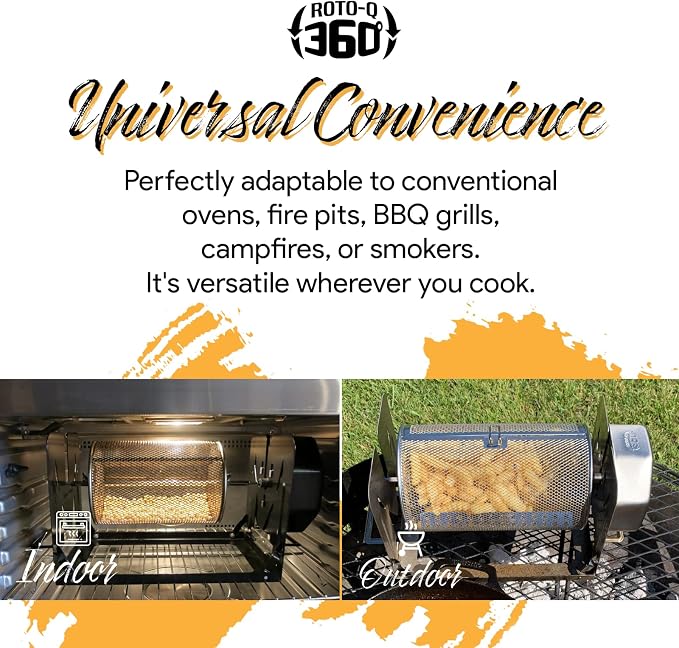 ROTO-Q 360 Cordless Rotisserie Kit w/Tumble Basket - Stainless Steel, Non-Electric - For Grills, Ovens, Smokers - Gas/Charcoal BBQ, Kamado Joe, Green Egg, Kettle - Indoor/Outdoor Use