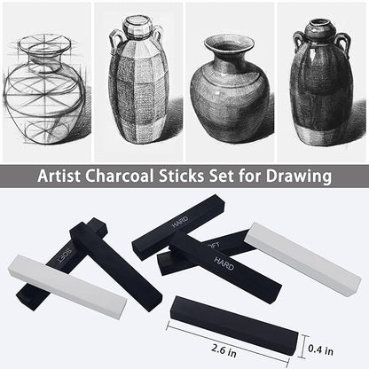 24 Pcs Compressed Charcoal Sticks with Soft, Medium, Hard and White Charcoal, Square Charcoal Stick Kit for Drawing, Sketching and Shading (12 Black and 12 White)