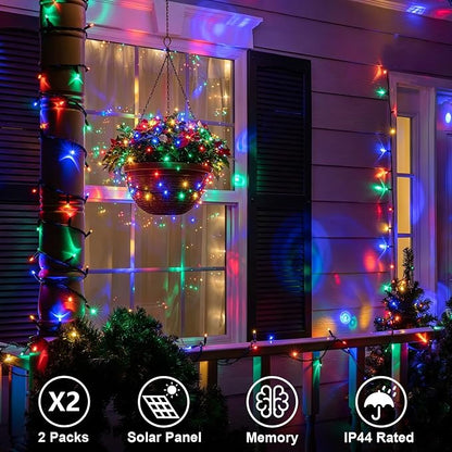 QITONG 2 Pack Multicolor Solar Christmas Lights, Each 33ft 100 LED String Lights Outdoor Waterproof, 8 Modes Green Wire Colored Solar Light for Outside Christmas Decorations